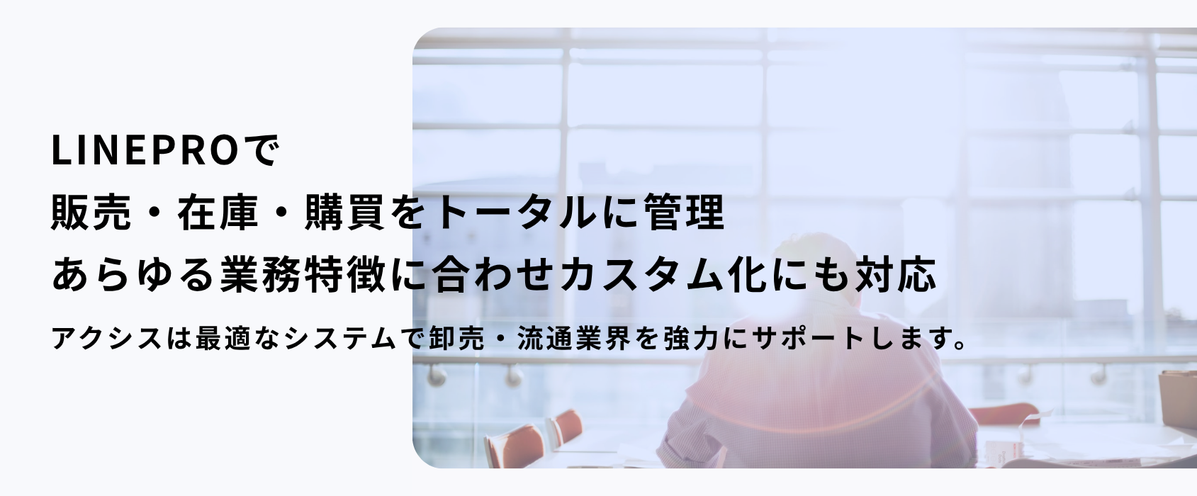 LINEPROで販売・在庫・購買をトータルに管理 あらゆる業務特徴に合わせカスタム化にも対応 アクシスは最適なシステムで卸売・流通業界を強力にサポートします。